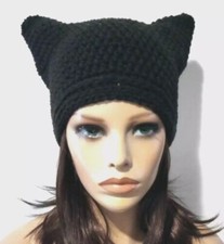 crochet handmade  womans kitty hat cat ears beanie black new