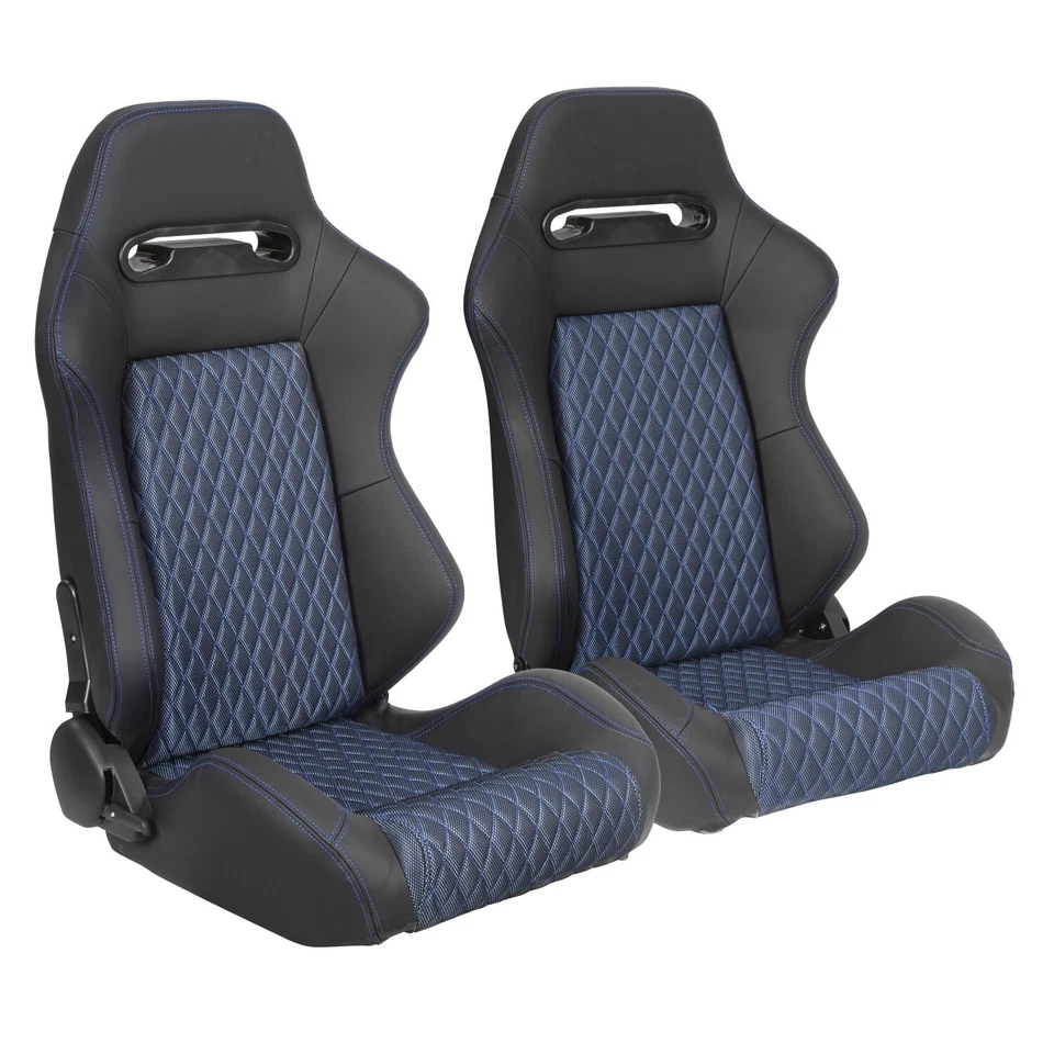 Par de asientos reclinables con canastilla de carreras con deslizadores, tela azul transpirable PU negra Foto 2 de 4