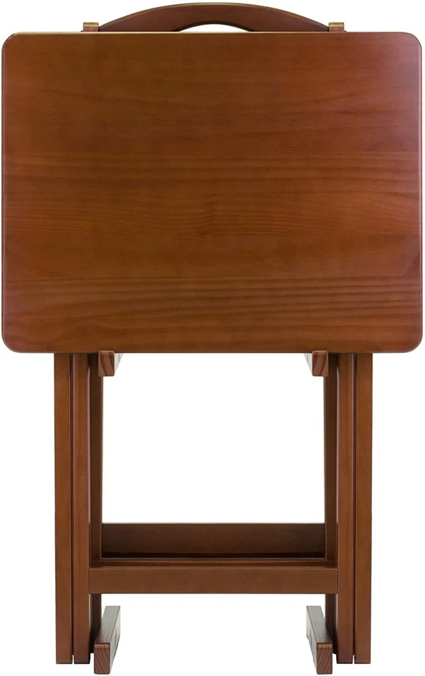 Juego de bandejas de TV de madera con acabado de nogal de 5 piezas con soporte mesas plegables almacenamiento de bocadillos Foto 2 de 4