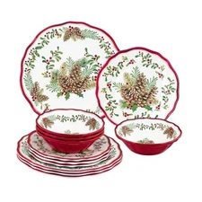 ware 12 Piece Melamine Dinnerware Sets, Outdoor Dishes Set, Plates Pinecones