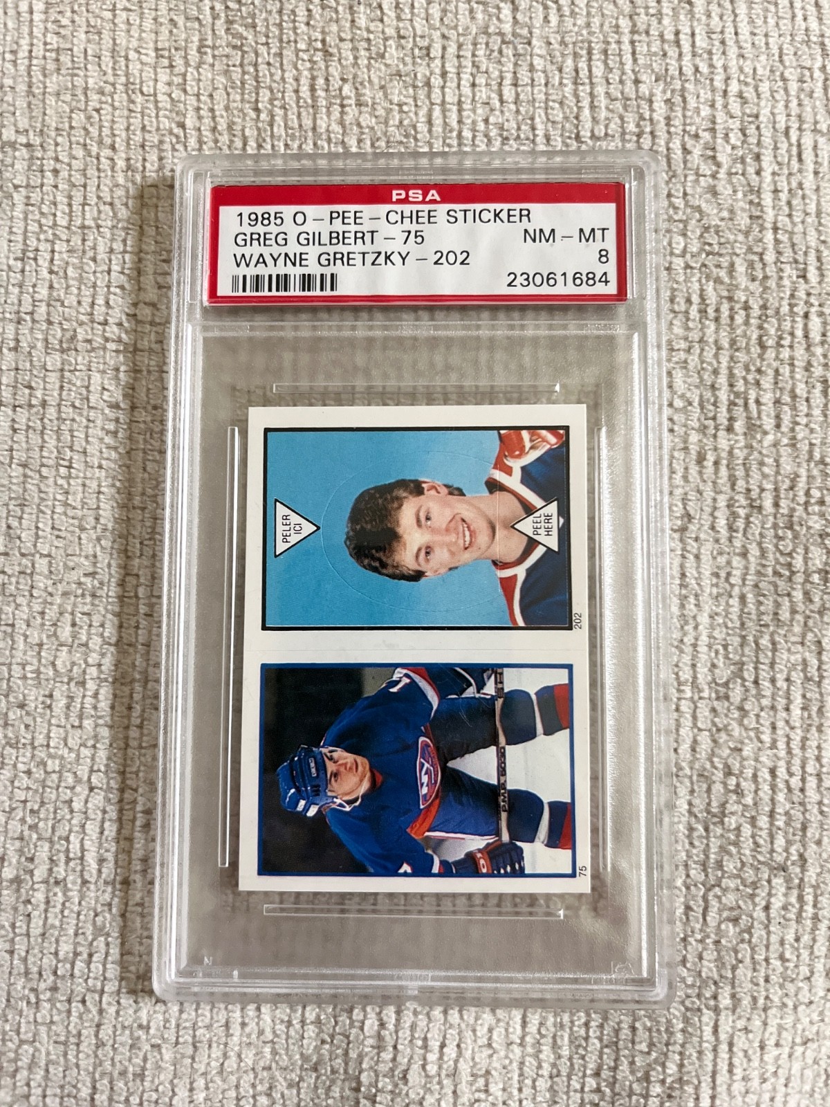 2 Graded Wayne Gretzky stickers o-pee-chee OPC 1985 PSA 8 1986 PSA 7 foil view 2