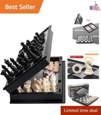 3 in 1 Travel Chess & Checkers Set - 10'' Magnetic Board for Family Game Night