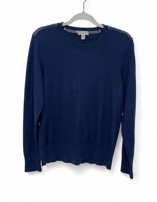 Burberry Brit Cashmere Cotton Sweater Navy Blue Plaid Shoulder Crewneck Women XL