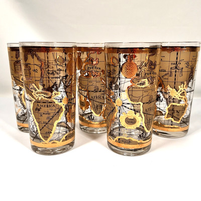 5 Vintage Mid Century Cera OLD WORLD MAP Highball Glasses 1960s 22K Embossed