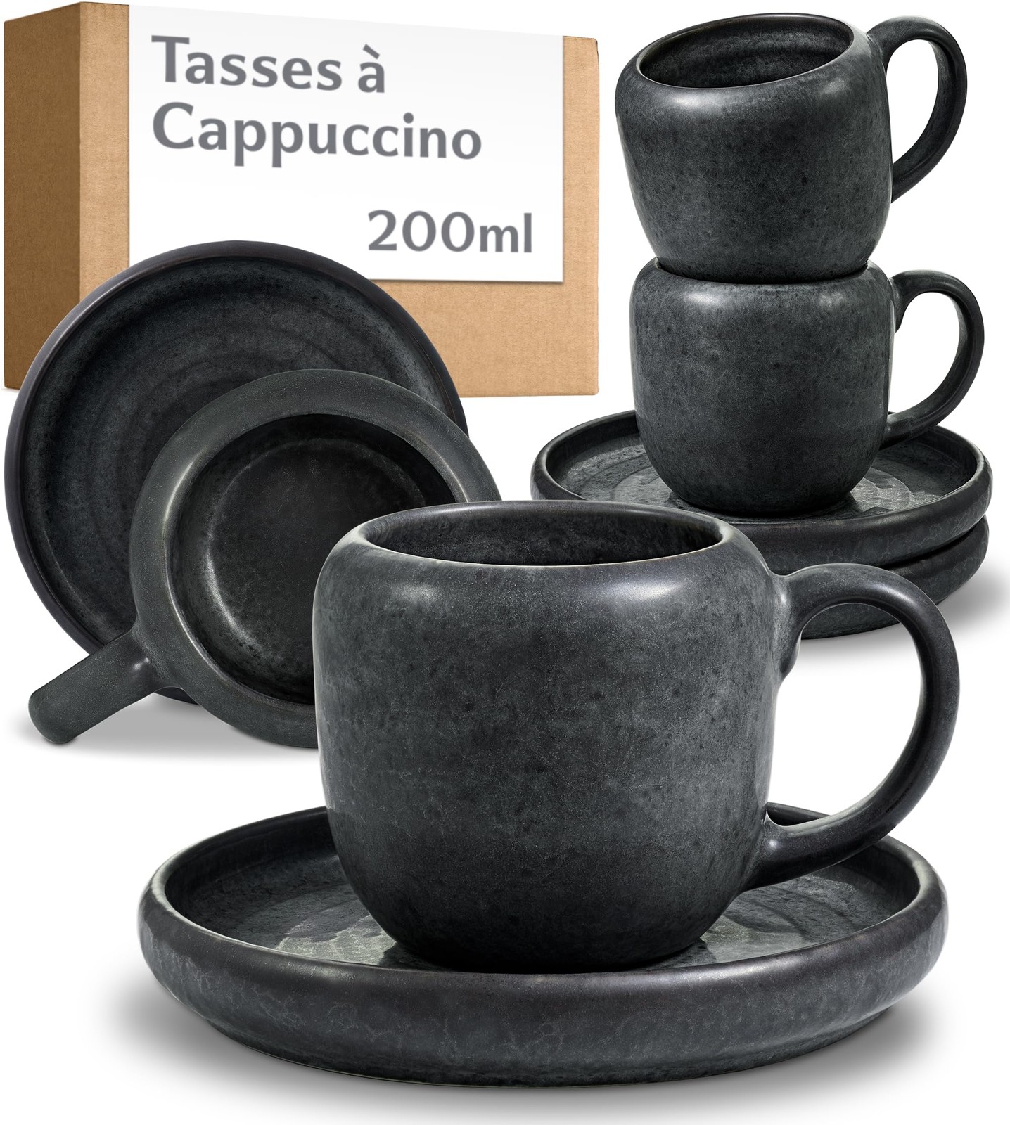 Tasse à café en céramique noire pour vos petits-déjeuners | Set de 4 tasses à cappuccino 200 ml