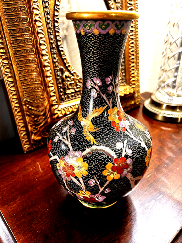 CLOISONNE VASE- FLORAL MOTIF-9.5" TALL- BRONZE & ENAMEL-BLACK/GOLD-GENUINE