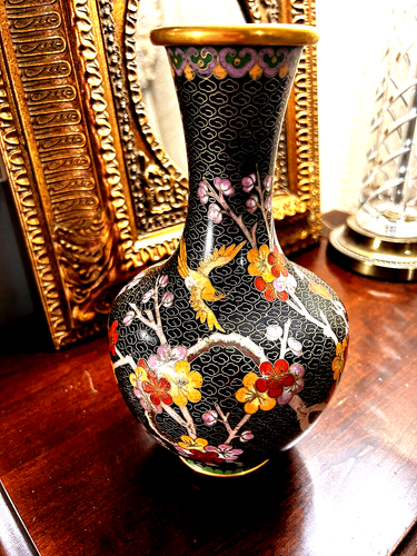 CLOISONNE VASE- FLORAL MOTIF-9.5" TALL- BRONZE & ENAMEL-BLACK/GOLD-GENUINE - Picture 1 of 11