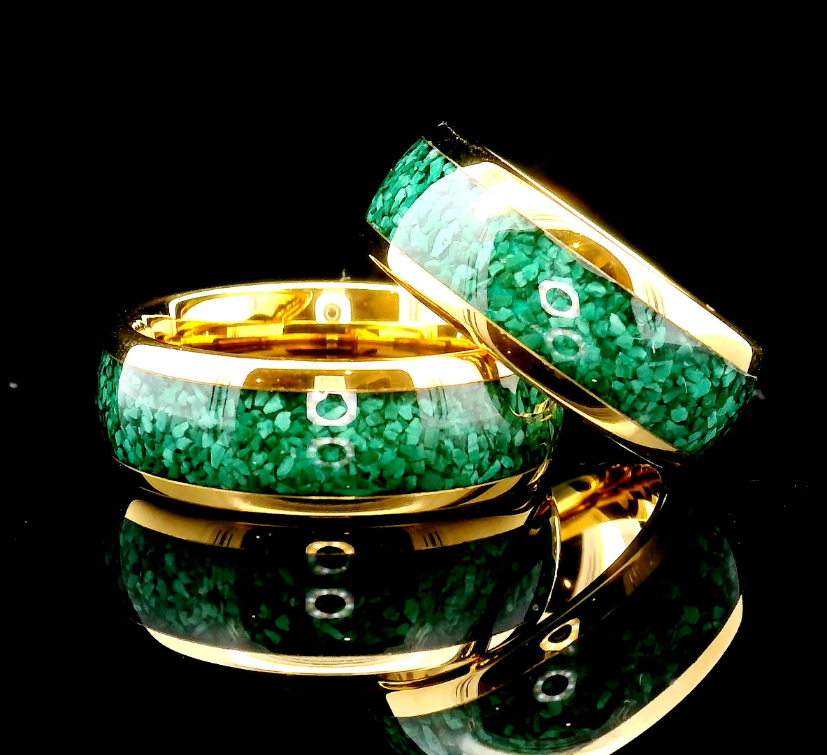 Yellow Gold Tungsten Carbide Ring featuring Green Malachite Stone, Unique Gift