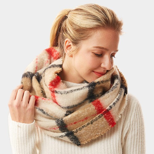 NEW Tan Beige Black Red Plaid Check Oversized Soft Plush Infinity Scarf