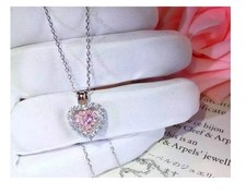 925 Sterling Silver Pink Cubic Zirconia Double Heart Pendant Necklace 18" Box I9