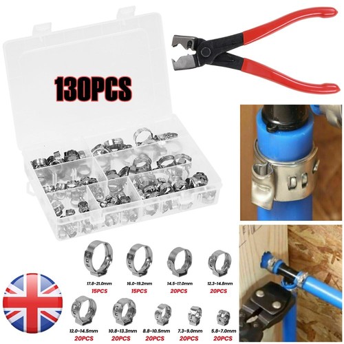 130x Single Ear Clamps O Clips Water Fuel Air Hose Crimping Tool Kit