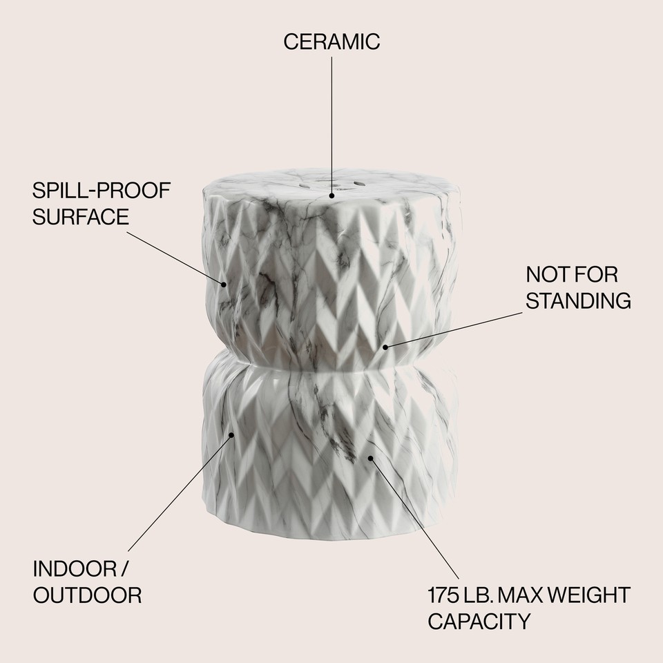 JONATHAN Y Chevron Drum 17.5 In. White Marble Finish Ceramic Garden Stool Tbl1021a