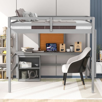 Full Loft Bed w/Desk Writing Board Wooden Loft Bed w/Desk 2 Drawers Cabinet 4AAE