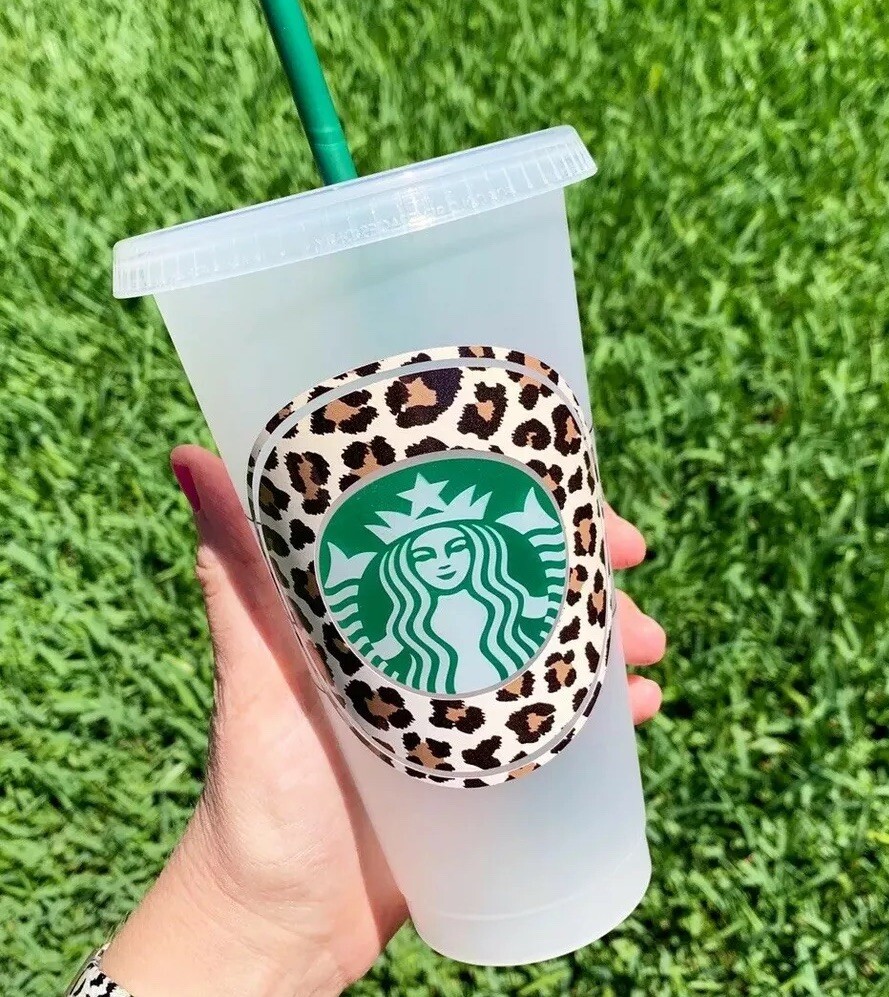 NEW Starbucks Cup with Leopard Print Cold Cup Reusable Coffee Cheetah  Studded