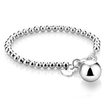 Solid 925 Sterling Silver Bead Chain Bracelet with Ball / Heart for Women Girls
