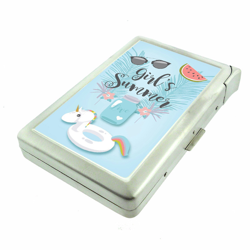 Girl's Summer Em1 Cigarette Case with Built in Lighter Metal Wallet