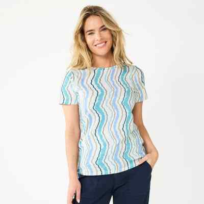 Women's Sonoma Goods For Life  Crewneck Tee Black Olive Floral Blue Waves