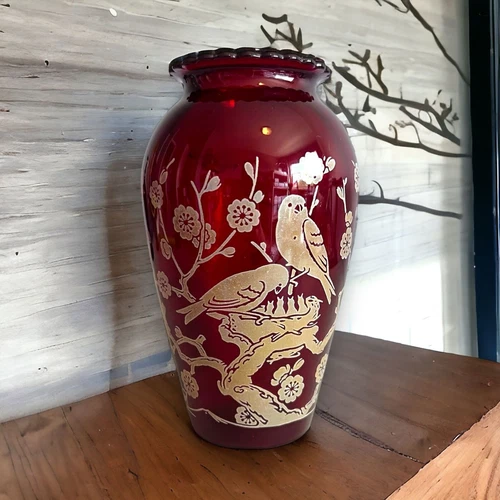 Vintage Anchor Hocking Ruby Red 9" Vase with Birds on Branch Design