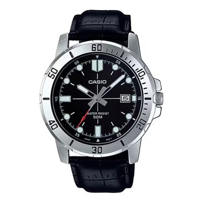 Casio Men s Black Dial Sport Analog Watch with Leather Strap - MTP-VD01L-1EVUDF