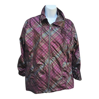 Chico's Womens Jacket Full Zip Green/Purple Plaid  indbreaker 3/4 Sleeves