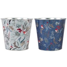 Tin Pail Robin Floral Plant Pot 14cm Christmas Metal Planter Xmas Bucket Home