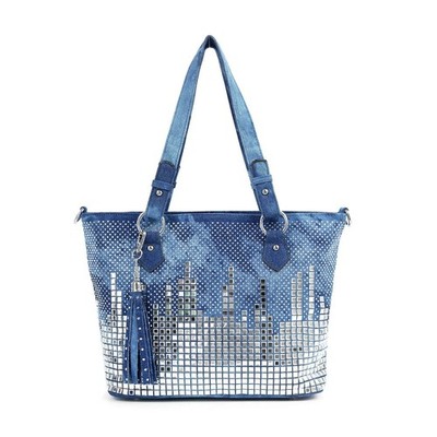Rhinestone City Skyline Tote Bag Women Large Sparkly Crossbody Purse Denim