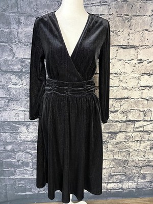 black metallic wrap dress The Korner Dress Womens Small Black Velvet Metallic Wrap Ruched Waist Midi