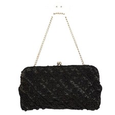 Black Bag Handbag Womens Formal Beaded Clutch Wrist Chain Kiss Lock 60s Vintage