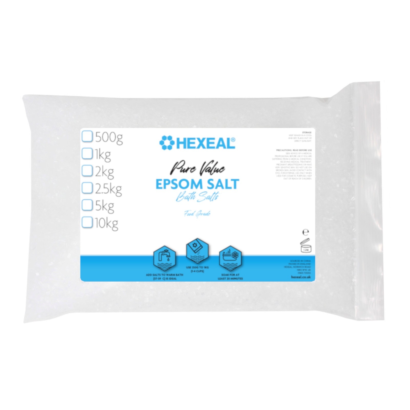 Hexeal Pure Value Epsom Salt 2kg – 2kg Bag of Food Grade Magnesium Sulphate