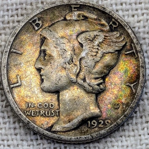 1929 Mercury Dime VF Very Fine+ : Rainbow Tone, Valuable Date - Only 10k Left