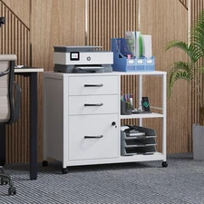 3 Drawer Mobile File Cabinet Rolling Printer Stand with Open Storage Shelf White