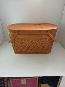 Vintage Redmon Wicker Woven Picnic Basket Insert Hinged Lid Large Swing Handles