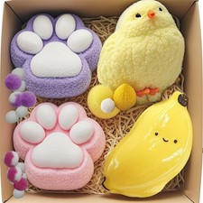 4pcs Big Taba Squishy Toys Set - Mega Chick, Banana  2 Cat Paw Stress Relief