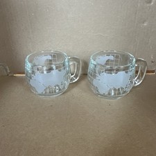 Nestle World Globe Mugs set of 2 Etched Clear Glass Coffee Tea  VTG 70's