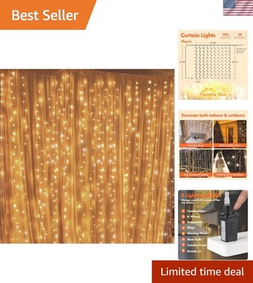 Versatile 300 LED Warm White Curtain Lights - 8 Modes, Dimmable, Indoor/Outdoor