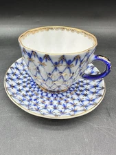 Lomonosov Tulip Cobalt Net Teacup And Saucer Imperial Russian Porcelain 2.25x3in