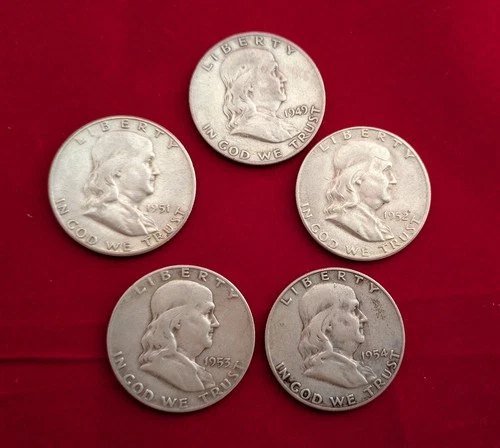 Five Silver Franklin Half Dollars, 1949 to 1954 all S mint, Good to Very Fine