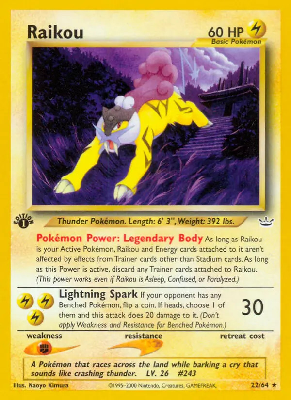 Raikou - 22/64 - Pokemon Neo Revelation 1st Edition Rare Card WOTC NM