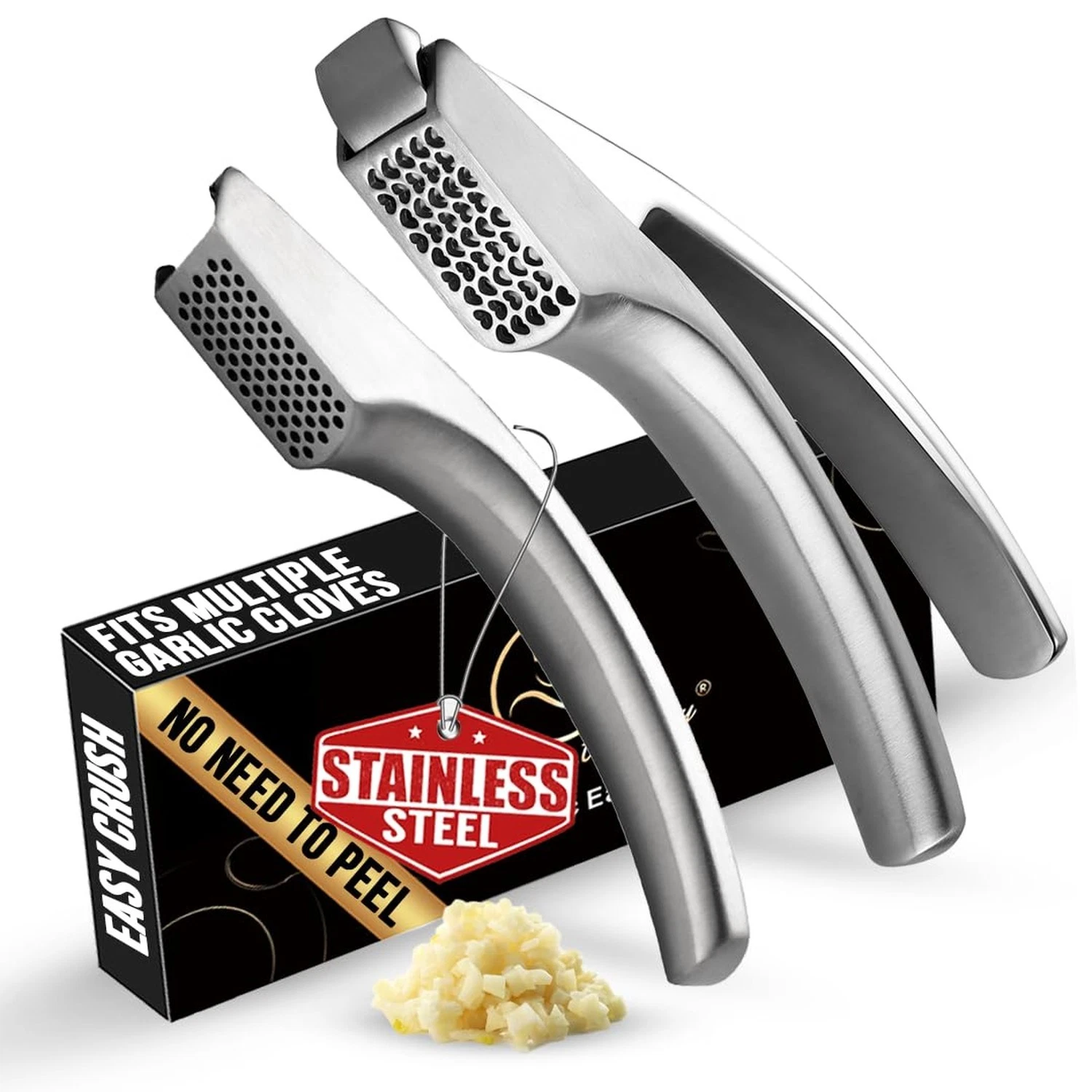No Peeling Required Garlic Press Stainless Steel with Two Detachable Handles ...