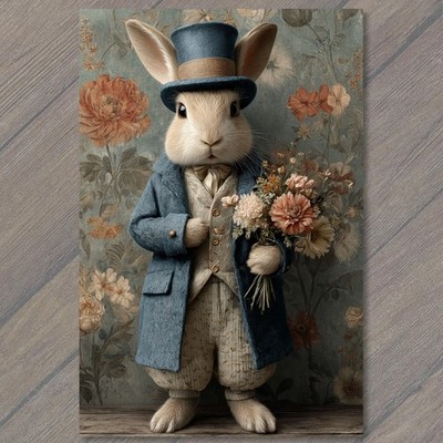 Art Print Top Hat Rabbit Blue Coat Floral Bouquet Victorian Wallpaper Portrait