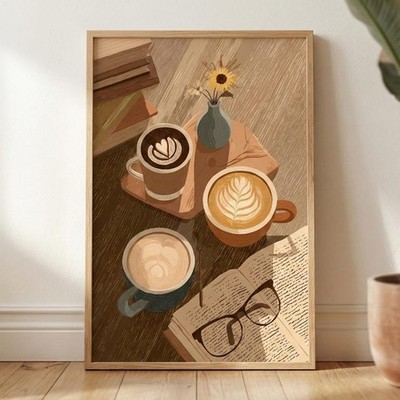 Latte Art Print, Cozy Coffee Illustration, Cafe Decor, Coffee Shop Decoration