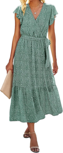 Women Summer Bohemian Floral Casual Wrap V Neck Ruffle Cap Sleeveless Belt A-Lin - Picture 9 of 12