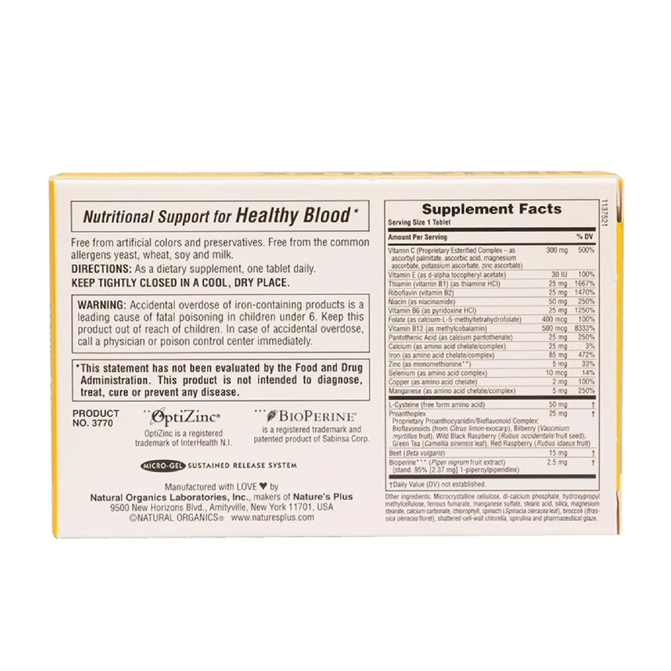 Suplemento de hierro NaturesPlus Hema Plex 30 unidades tabletas totales para la salud de la sangre Foto 2 de 4