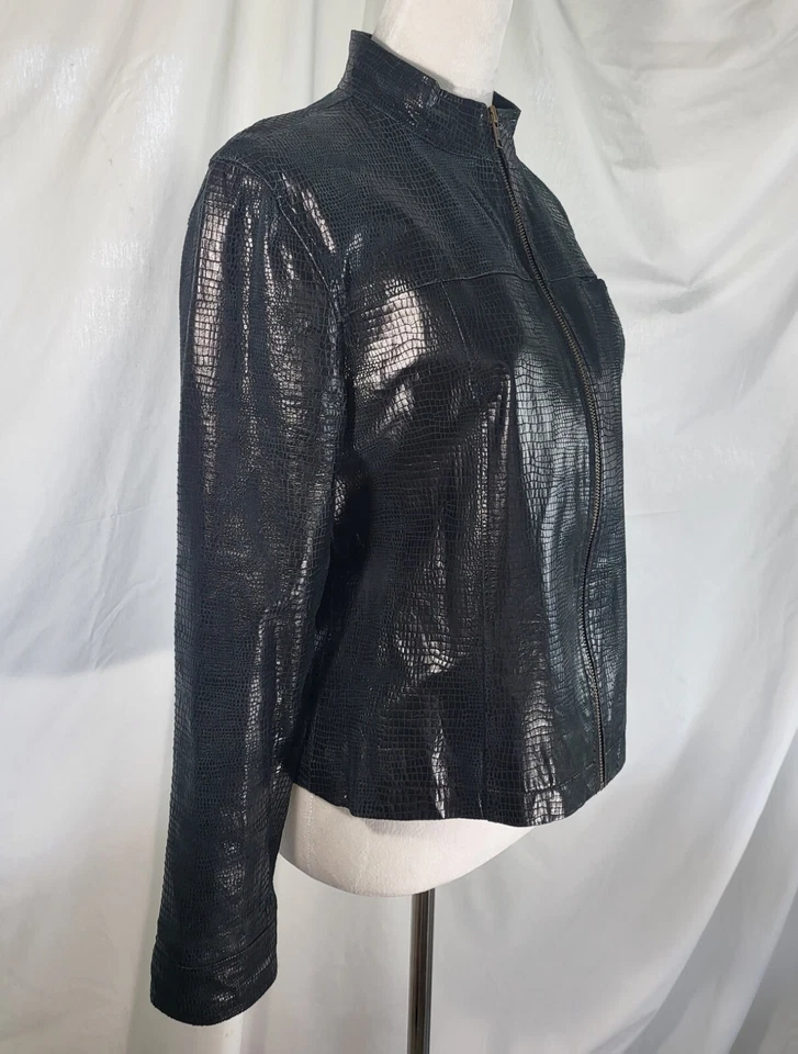 Chaqueta Blazer Estilo Moto Rafaella Negra Estampado Piel Serpiente Cuero Cremallera Talla 10  Foto 2 de 4