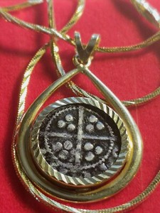 Authentic 1300 Long Cross Penny Pendant UK, 14K Plumb Bezel Gold Plated 925 Chain Coa Box