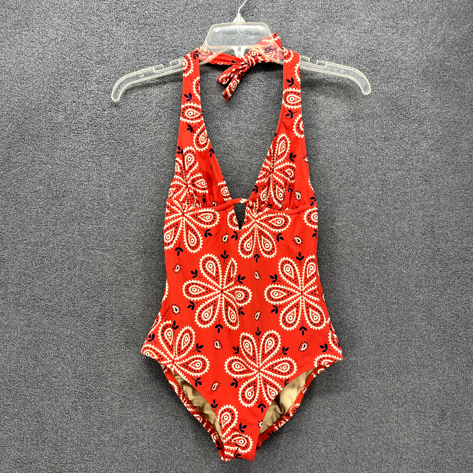 Madewell Womens Red Floral One Piece Swimsuit Low Back Halter Neck Size 4-image