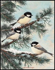 Chickadees in Pines - Chart Counted Cross Stitch Patterns Needlework DMC Color