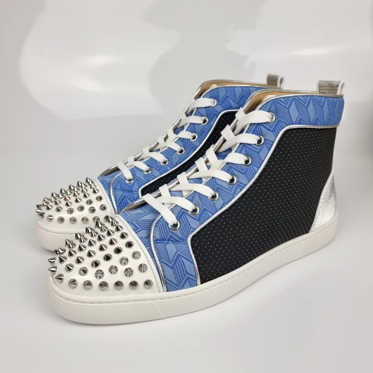 Christian Louboutin Lou Spike Blue And White Sneakers New