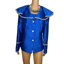 Tally Taylor Polyester Blazer Size 16 Royal Blue Beaded Shawl Ruffle Collar New