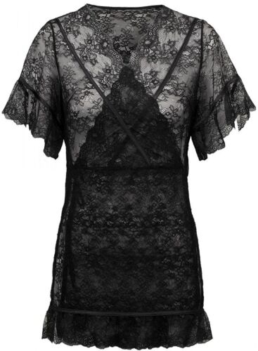 Sapph Damen Kimono Hausmantel transparent mit Tüll und Spitze schwarz BLACK LACE - Picture 1 of 3